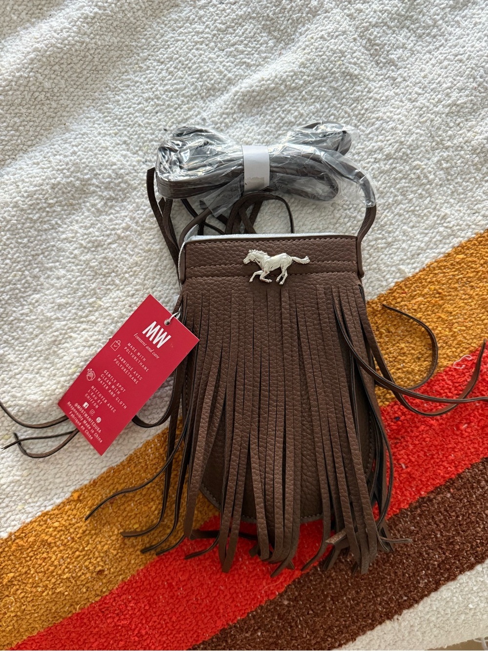 Brown Fringe Crossbody with Horse Logo